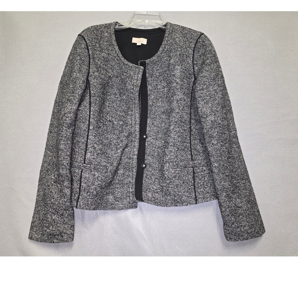 LOFT Women's Black & Gray Tweed Collarless Blazer Jacket Size 14 Wool Blend
